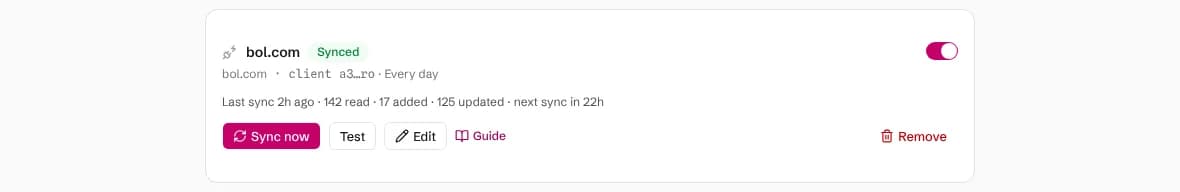 A synced bol.com connection with offers read, added and updated, and buttons to sync, test, edit or remove it
