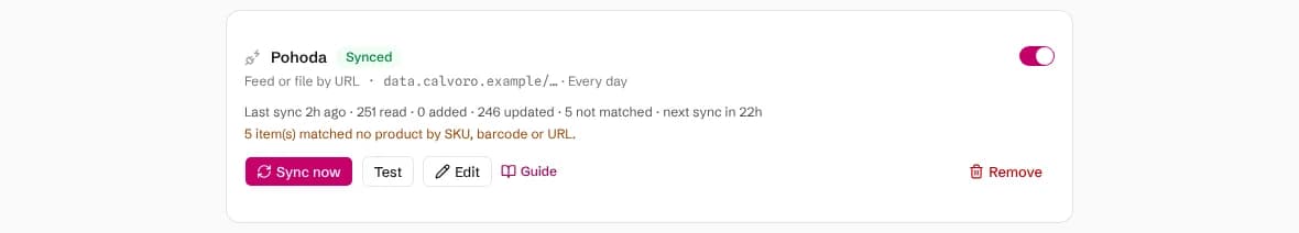 A synced Pohoda connection showing products read and updated, lines not matched, and a note listing items that matched no product
