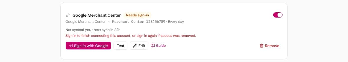 A Google Merchant Center connection waiting for sign-in, with a Sign in with Google button