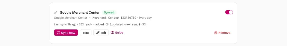 A synced Google Merchant Center connection with products read, added and updated, and the next sync time
