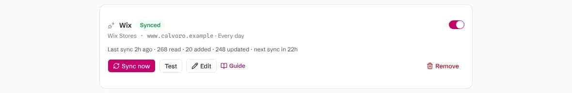 A synced Wix connection with the last sync time, products read, added and updated, and buttons to sync, test, edit or remove it