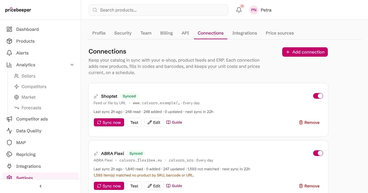 The Connections page with a shop feed and an ABRA Flexi connection side by side