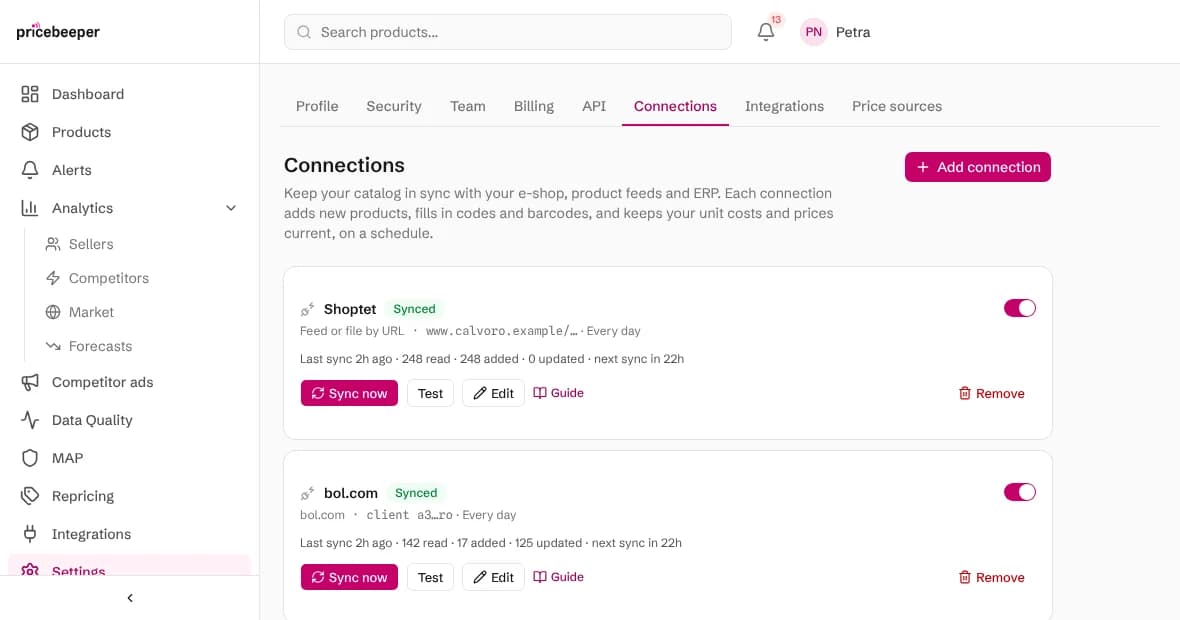 The Connections page with a bol.com connection next to a Shoptet feed