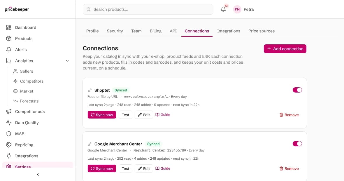 The Connections page with a Google Merchant Center connection next to a shop feed