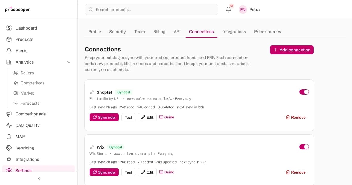 The Connections page with a Wix store connected next to another connection