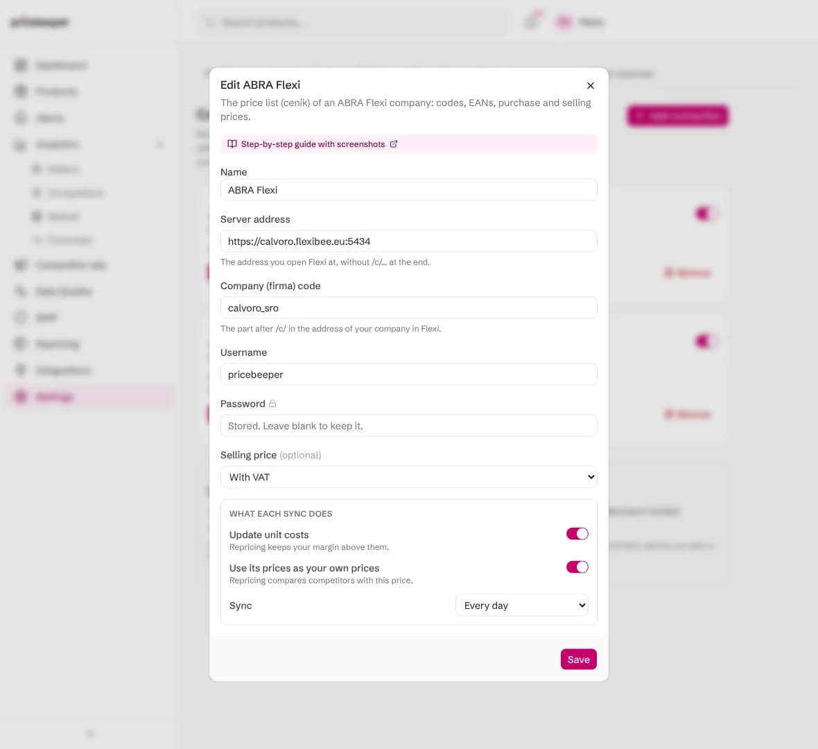 Editing the ABRA Flexi connection: the password field says the stored password is kept unless a new one is typed