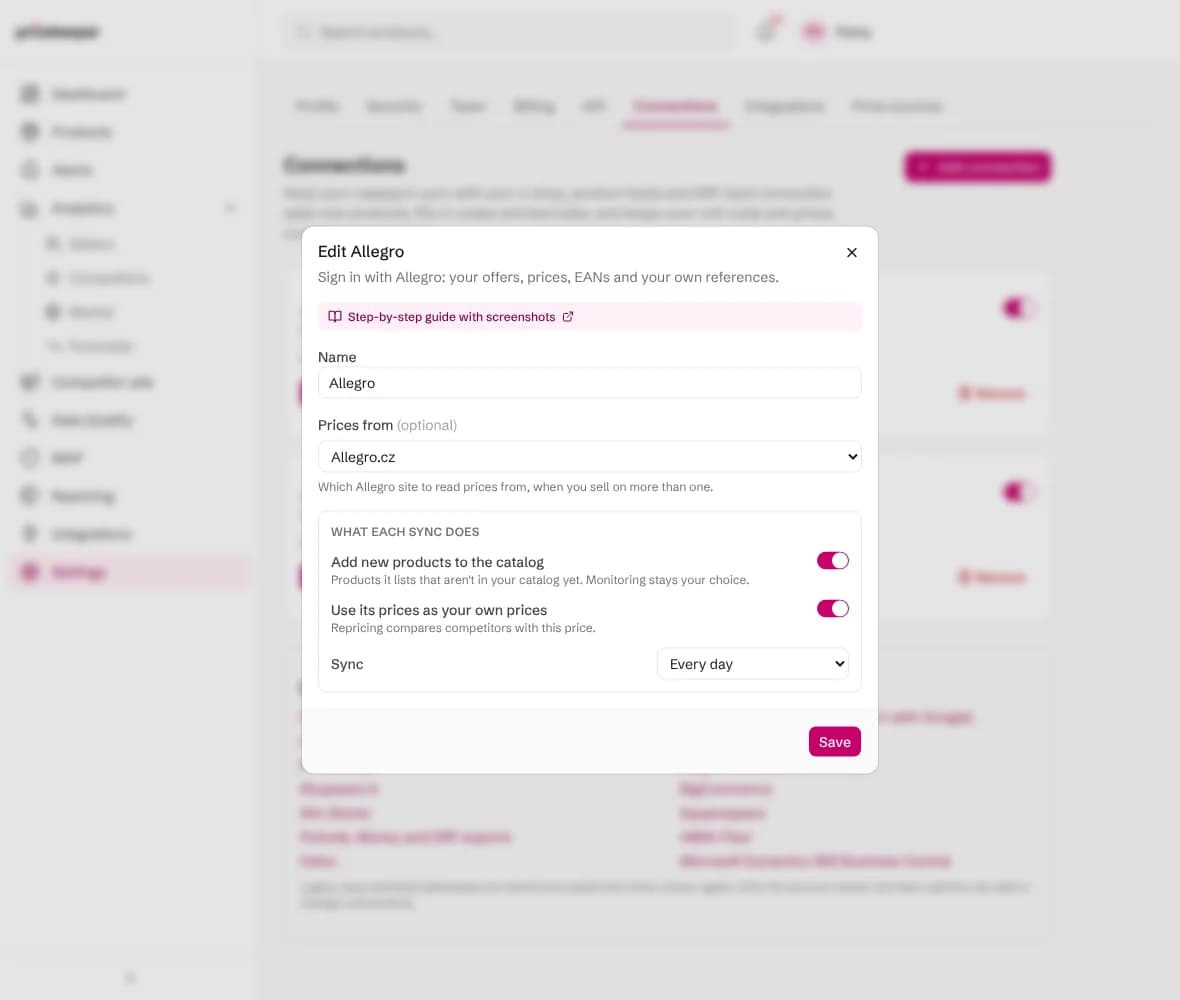Editing the Allegro connection: the Allegro site to read prices from and what each sync does
