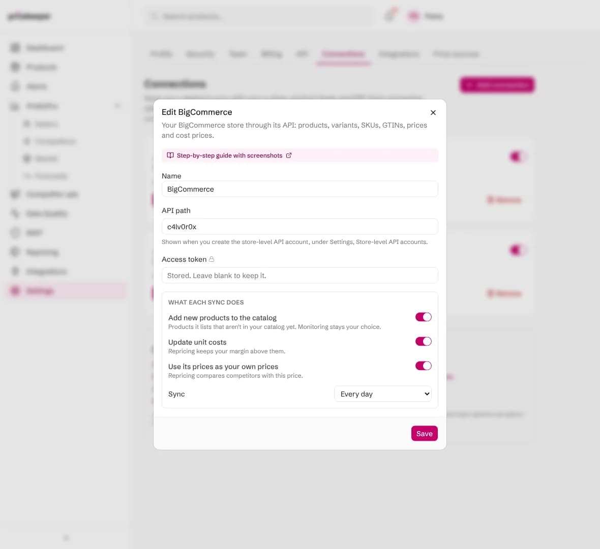Editing the BigCommerce connection: the access token field says the stored token is kept unless a new one is typed
