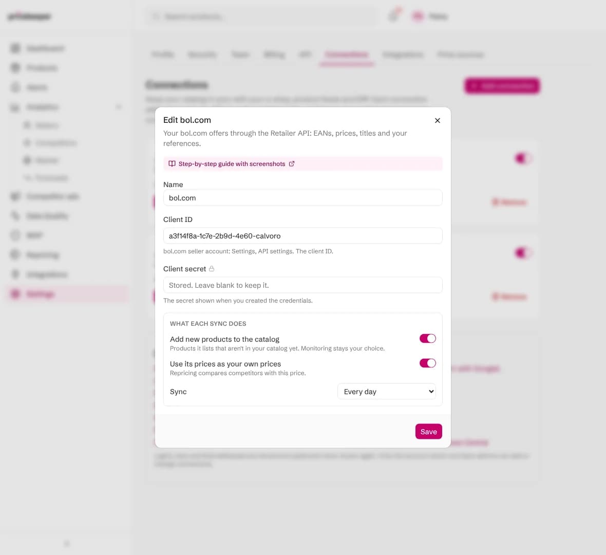 Editing the bol.com connection: the secret field says the stored secret is kept unless a new one is typed