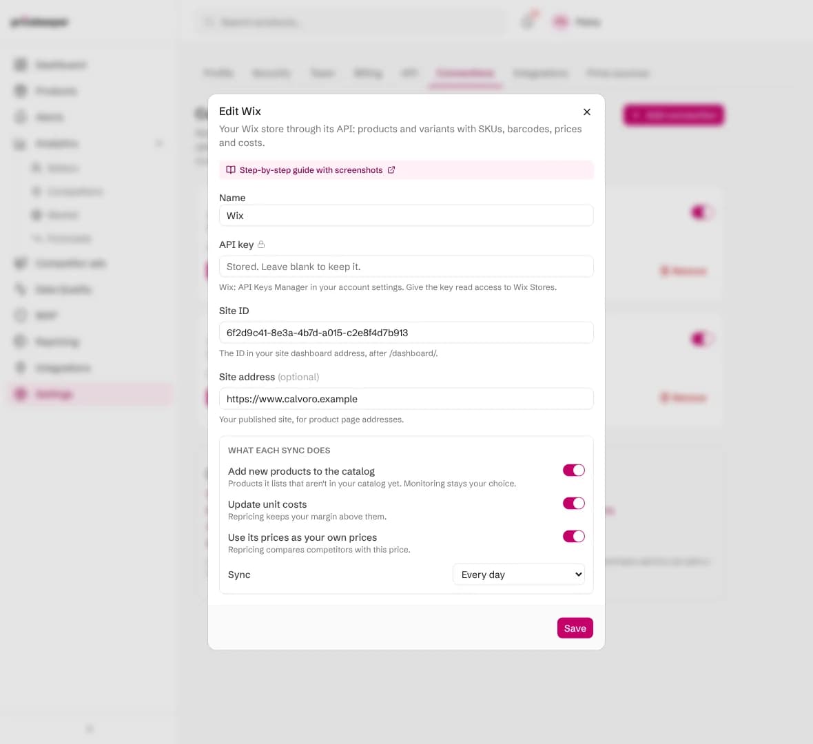 Editing the Wix connection: the API key field says the stored key is kept unless a new one is typed
