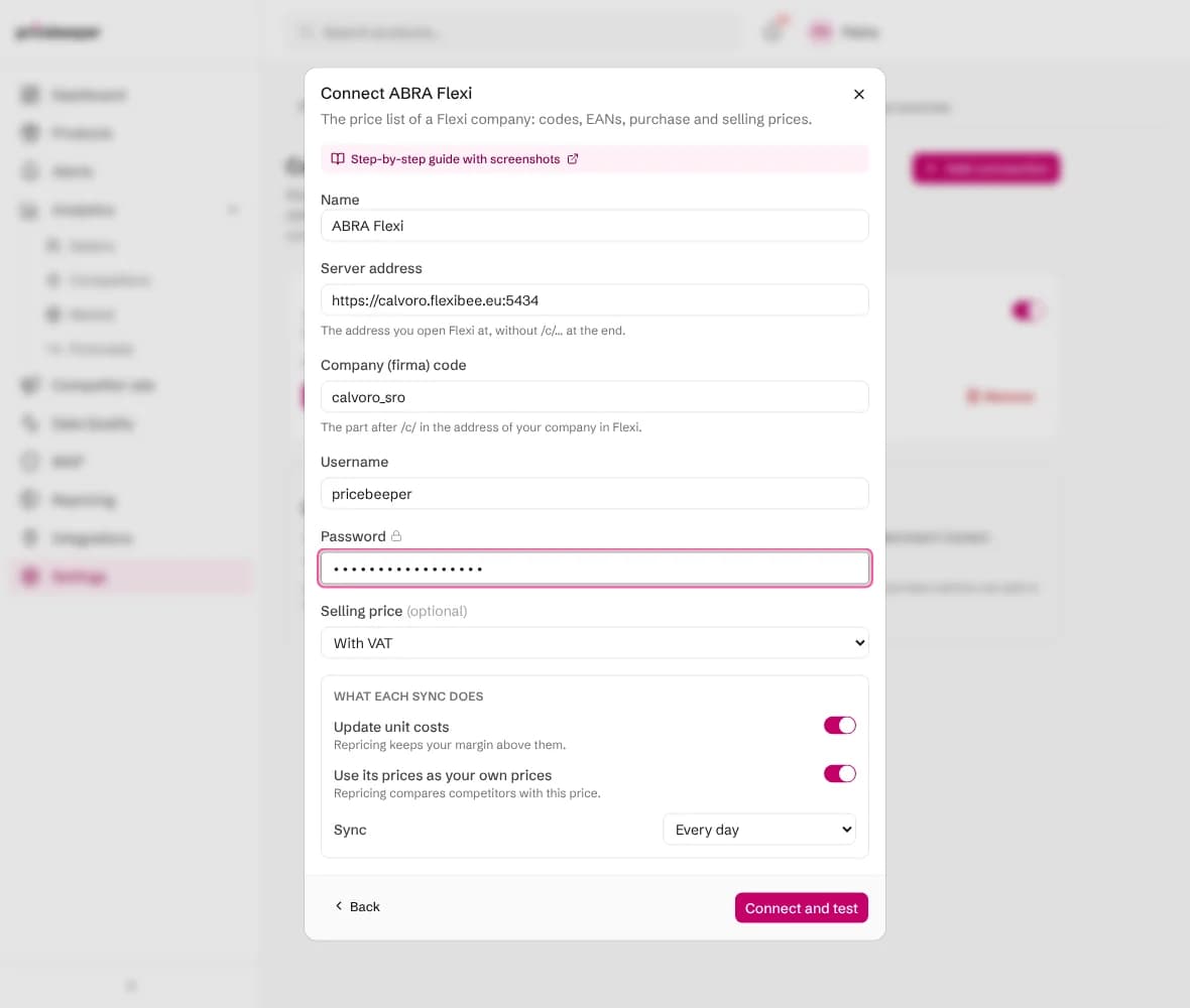 The Connect ABRA Flexi form with the server address, company code, user name, password and the selling price basis