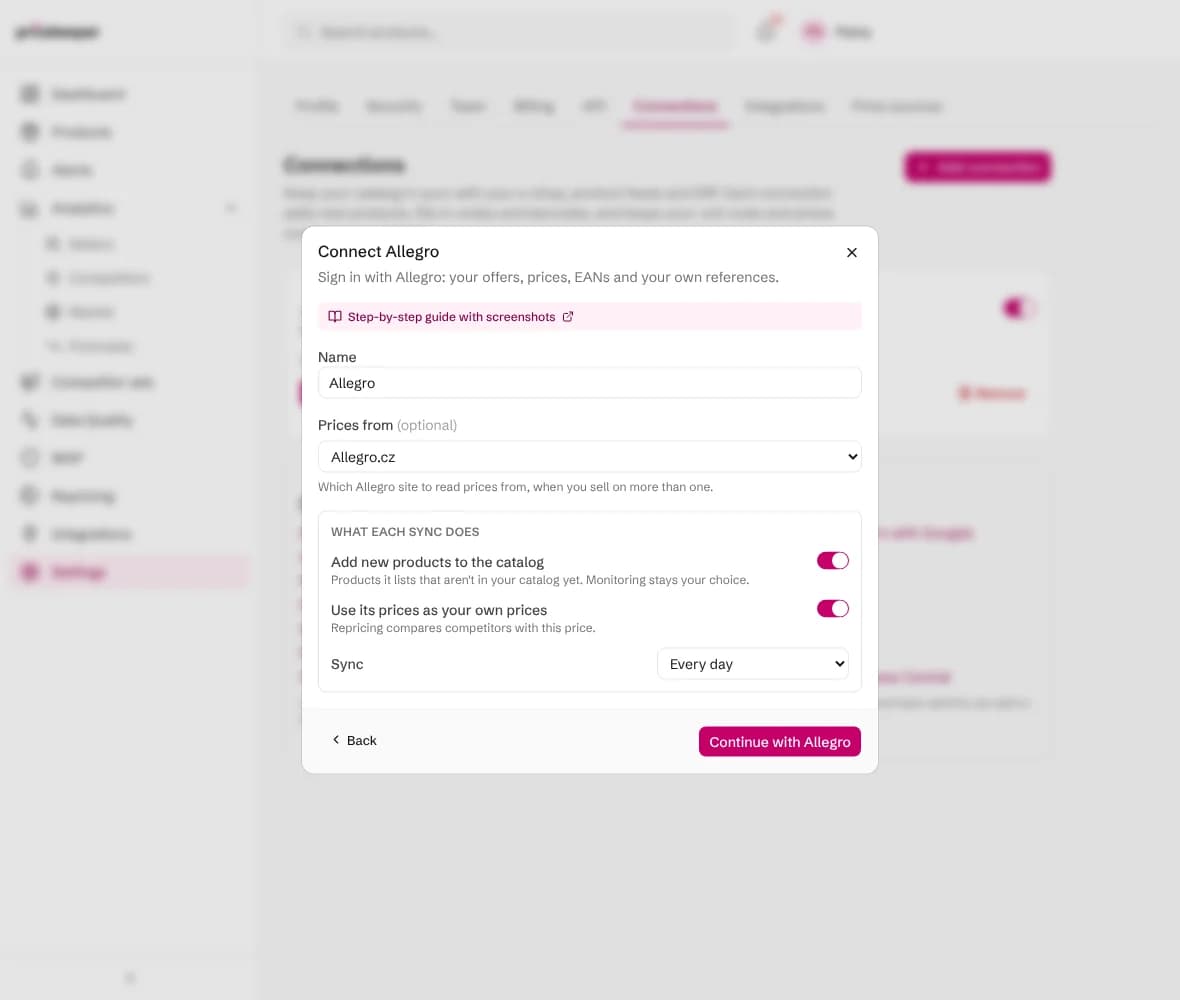 The Connect Allegro form with the Allegro site to read prices from, what each sync does, and a Continue with Allegro button