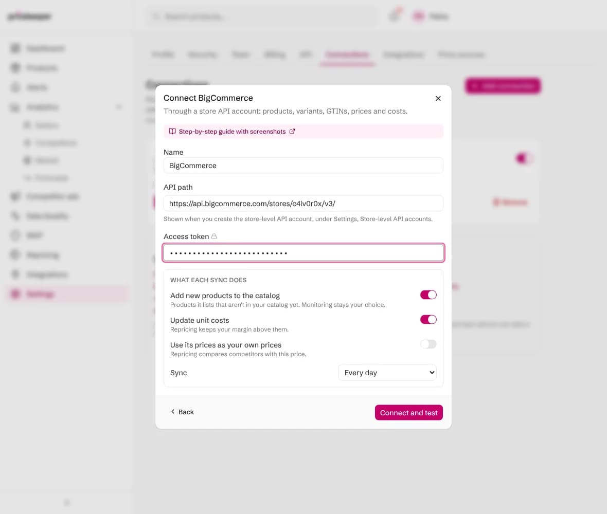 The Connect BigCommerce form with the API path, access token and what each sync does