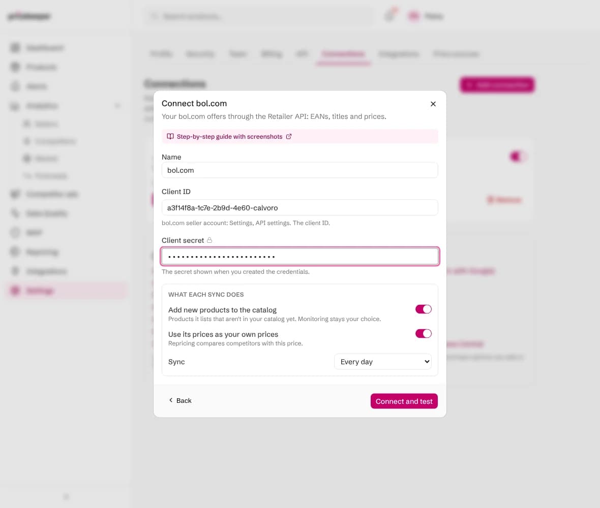 The Connect bol.com form with the client ID, client secret and what each sync does