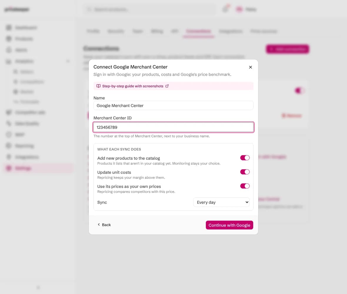 The Connect Google Merchant Center form with the Merchant Center ID, what each sync does, and a Continue with Google button