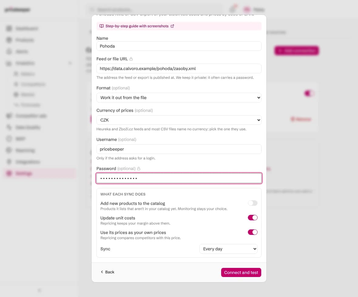 The Connect Pohoda form with the export file address, currency in Czech crowns, adding products switched off, unit costs and own prices switched on, and a daily sync