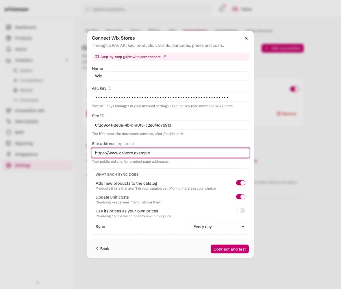 The Connect Wix Stores form with the API key, site ID, site address and what each sync does