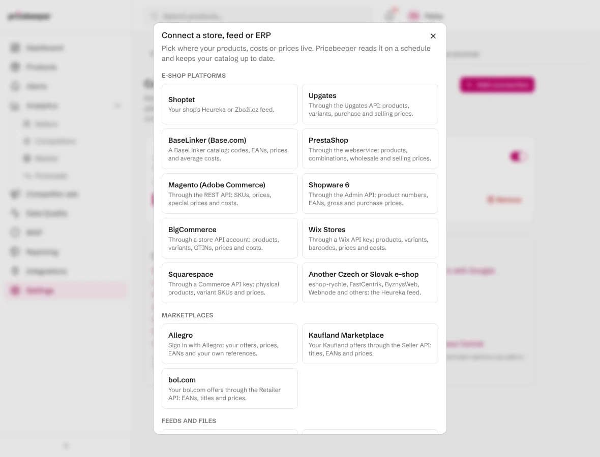 The Connect a store, feed or ERP dialog with a Marketplaces group listing Allegro, Kaufland Marketplace and bol.com