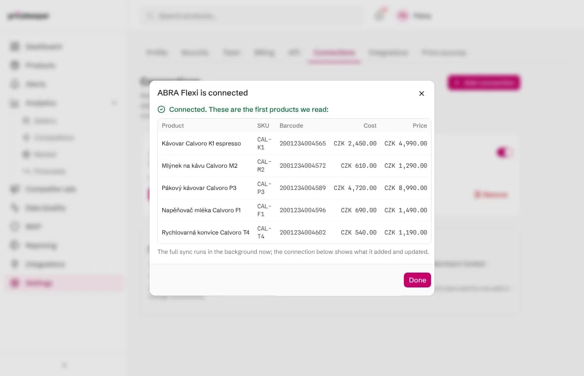 The ABRA Flexi connection result showing Connected and the first price list items with codes, EANs, purchase and selling prices