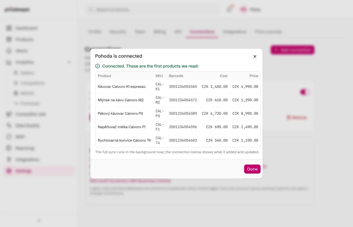 The connection result listing the first stock cards read from the export with their codes, barcodes, unit costs and prices
