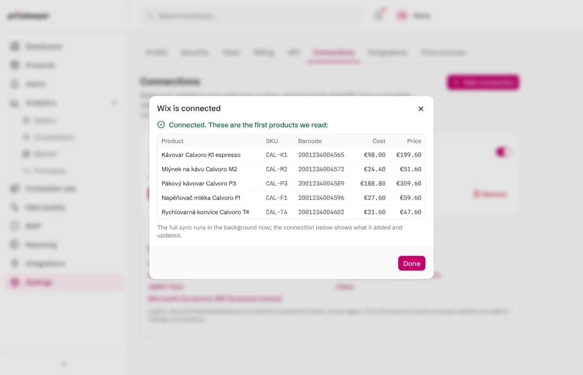 The Wix connection result showing Connected and the first products with SKUs, barcodes, costs and prices