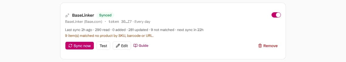 A synced BaseLinker connection with products read and updated, products not matched, and the next sync time