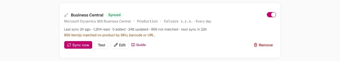A synced Business Central connection with items read and updated, items not matched, and the next sync time