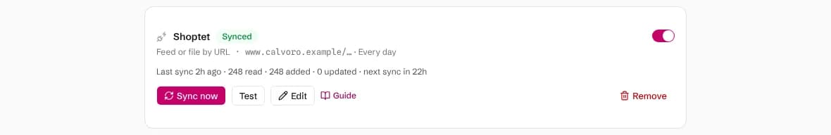 A synced Shoptet connection showing the last sync time, products read, added and updated, and buttons to sync now, test, edit or remove it