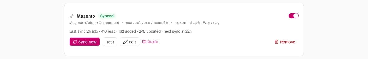 A synced Magento connection with the last sync time, products read, added and updated, and buttons to sync, test, edit or remove it