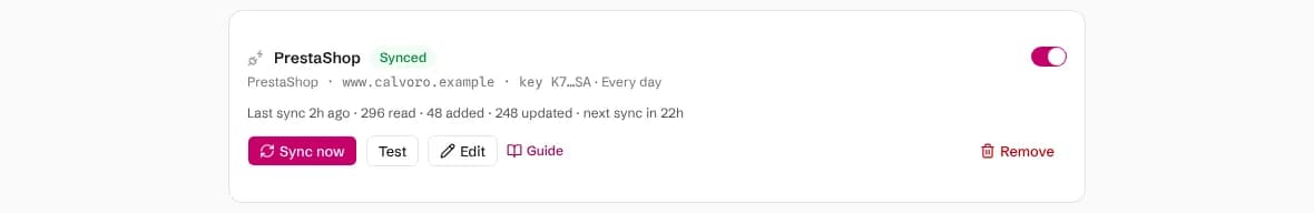 A synced PrestaShop connection with the last sync time, products read, added and updated, and buttons to sync, test, edit or remove it