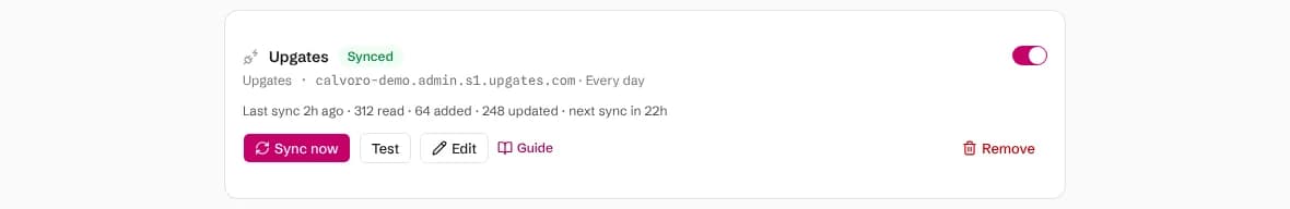 A synced Upgates connection with the last sync time, products read, added and updated, and buttons to sync, test, edit or remove it