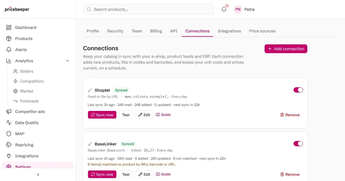 The Connections page with a shop feed that adds products and a BaseLinker connection that updates costs and prices