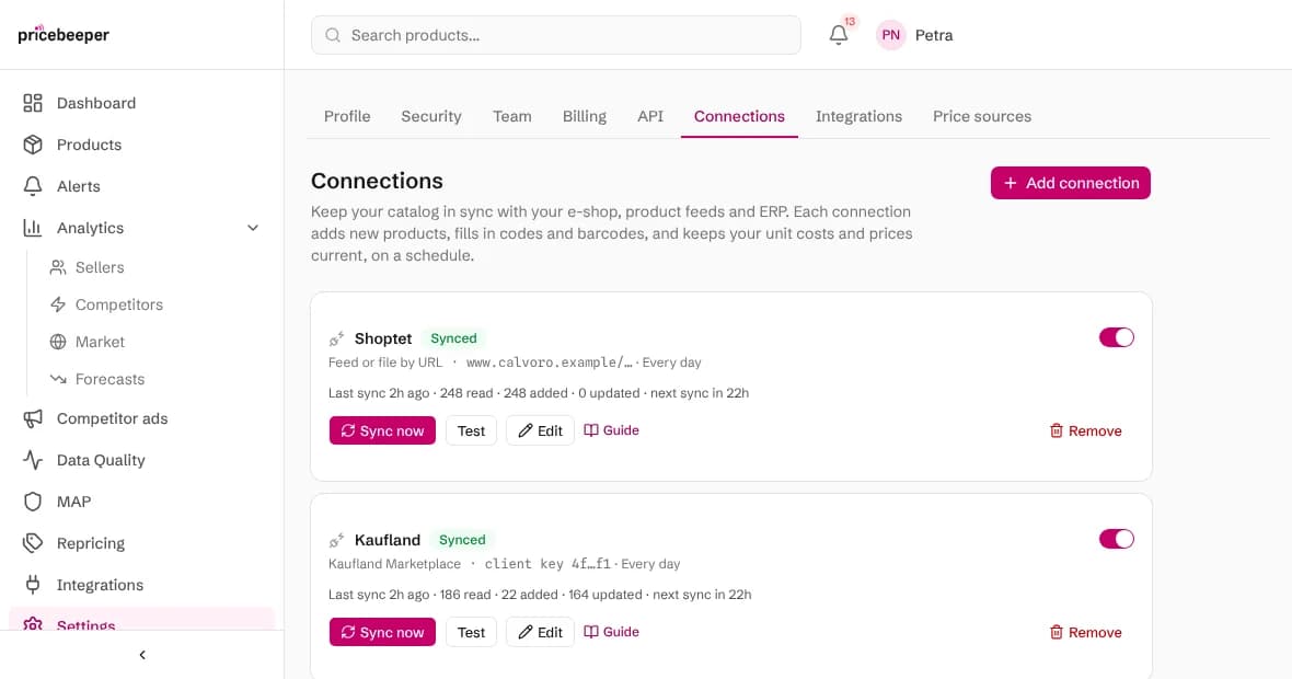 The Connections page with a Kaufland connection next to a Shoptet feed