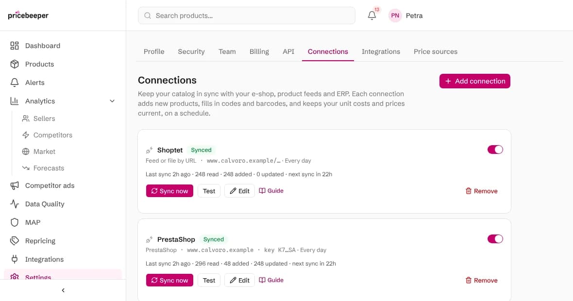 The Connections page with a PrestaShop shop connected next to another connection
