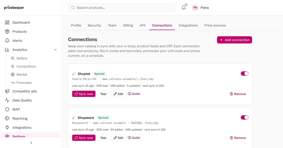 The Connections page with a Shopware shop connected next to another connection