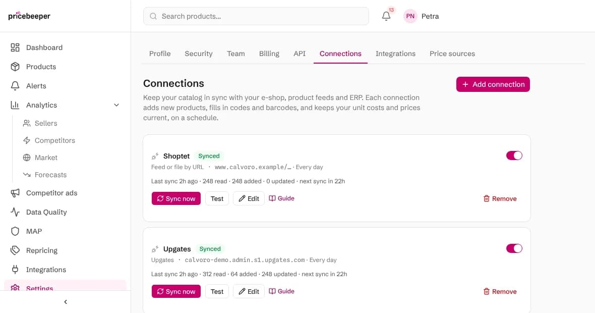 The Connections page with an Upgates shop and an ERP export connected side by side