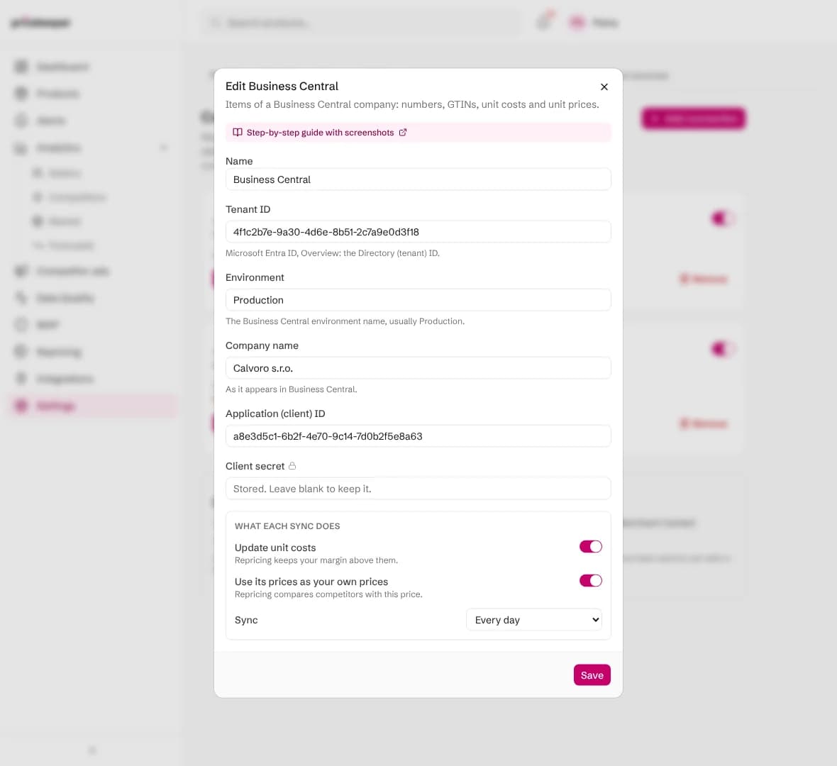 Editing the Business Central connection: the client secret field says the stored secret is kept unless a new one is typed