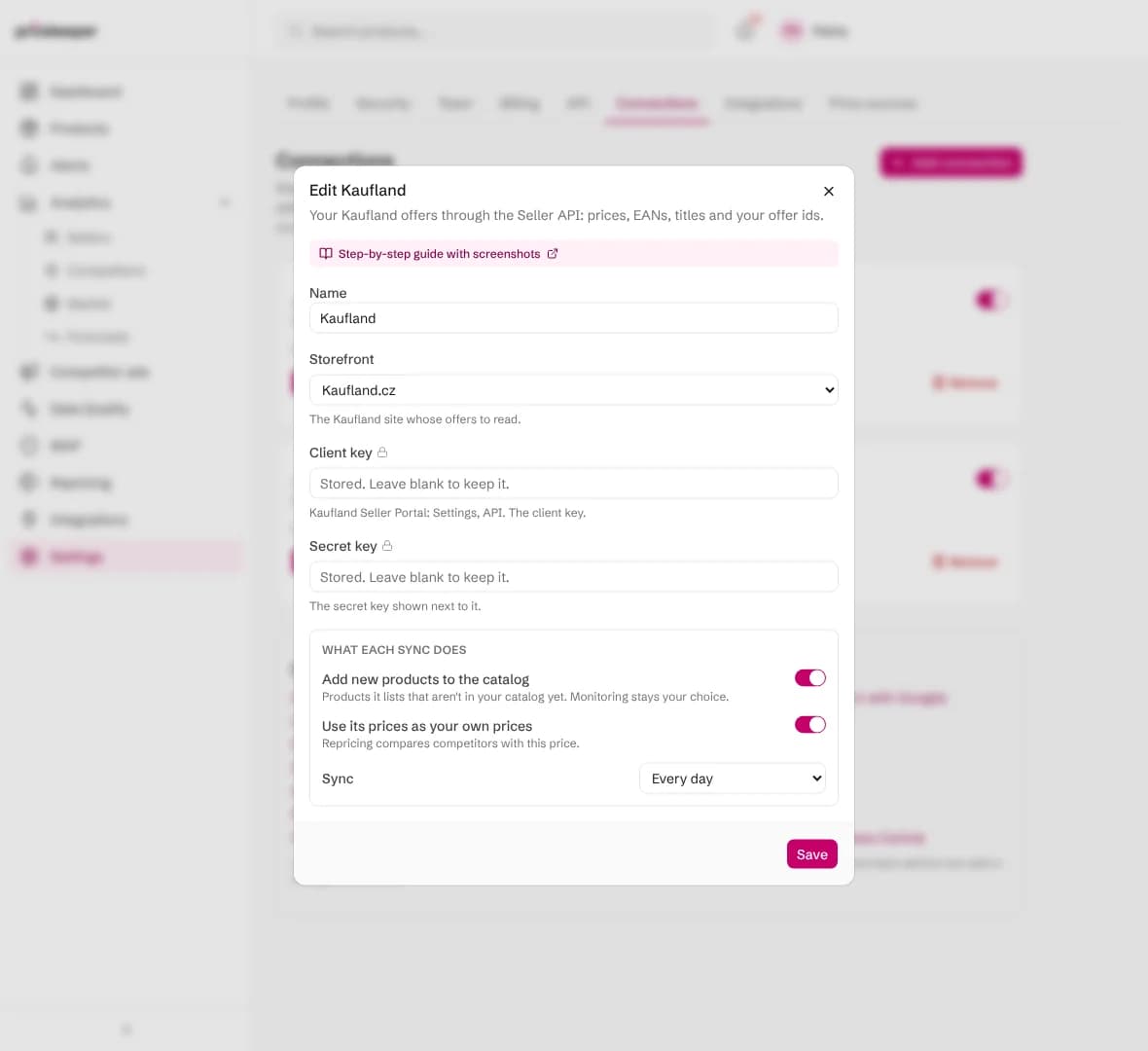 Editing the Kaufland connection: the key fields say the stored keys are kept unless new ones are typed
