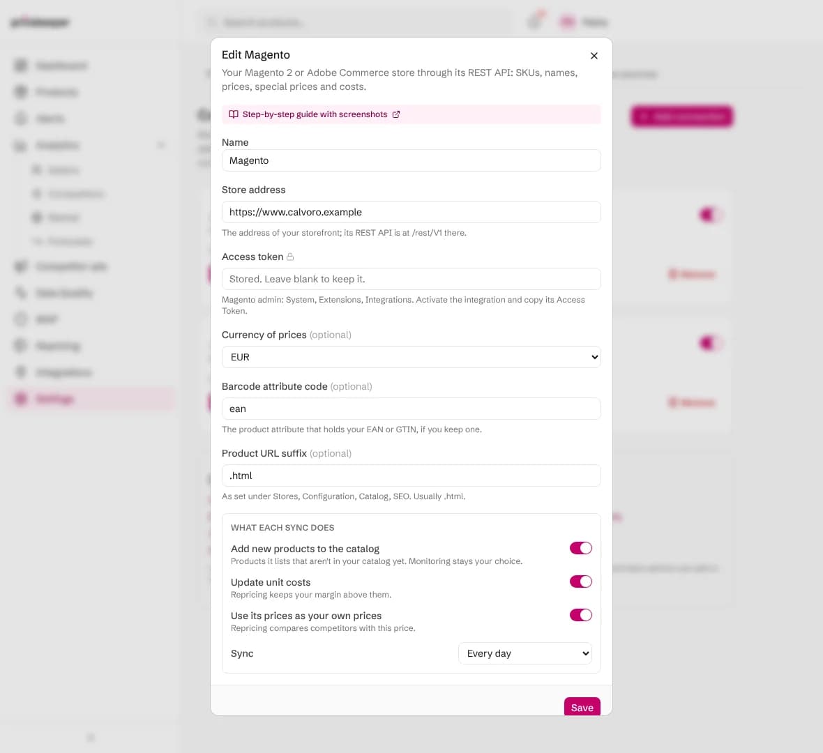 Editing the Magento connection: the access token field says the stored token is kept unless a new one is typed