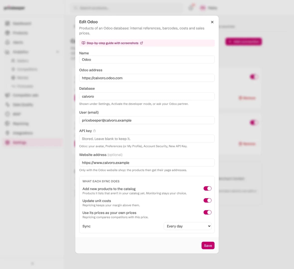Editing the Odoo connection: the API key field says the stored key is kept unless a new one is typed