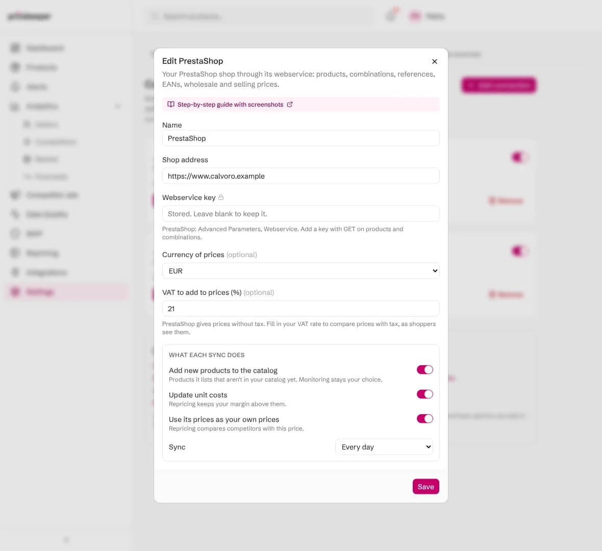 Editing the PrestaShop connection: the webservice key field says the stored key is kept unless a new one is typed