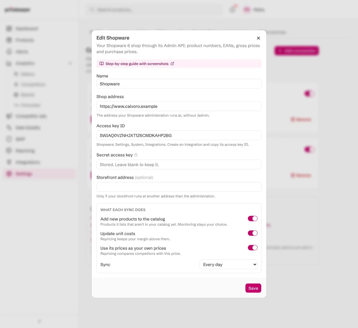 Editing the Shopware connection: the secret access key field says the stored secret is kept unless a new one is typed