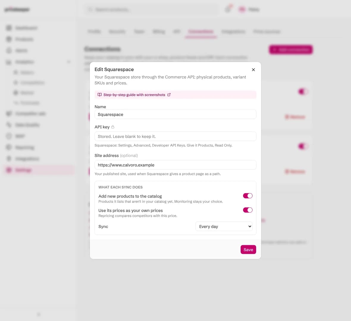 Editing the Squarespace connection: the API key field says the stored key is kept unless a new one is typed