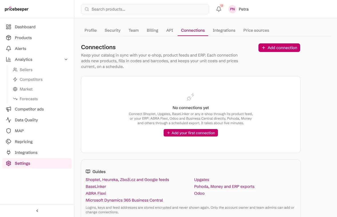 The Connections page in Pricebeeper settings with no connections yet and an Add your first connection button