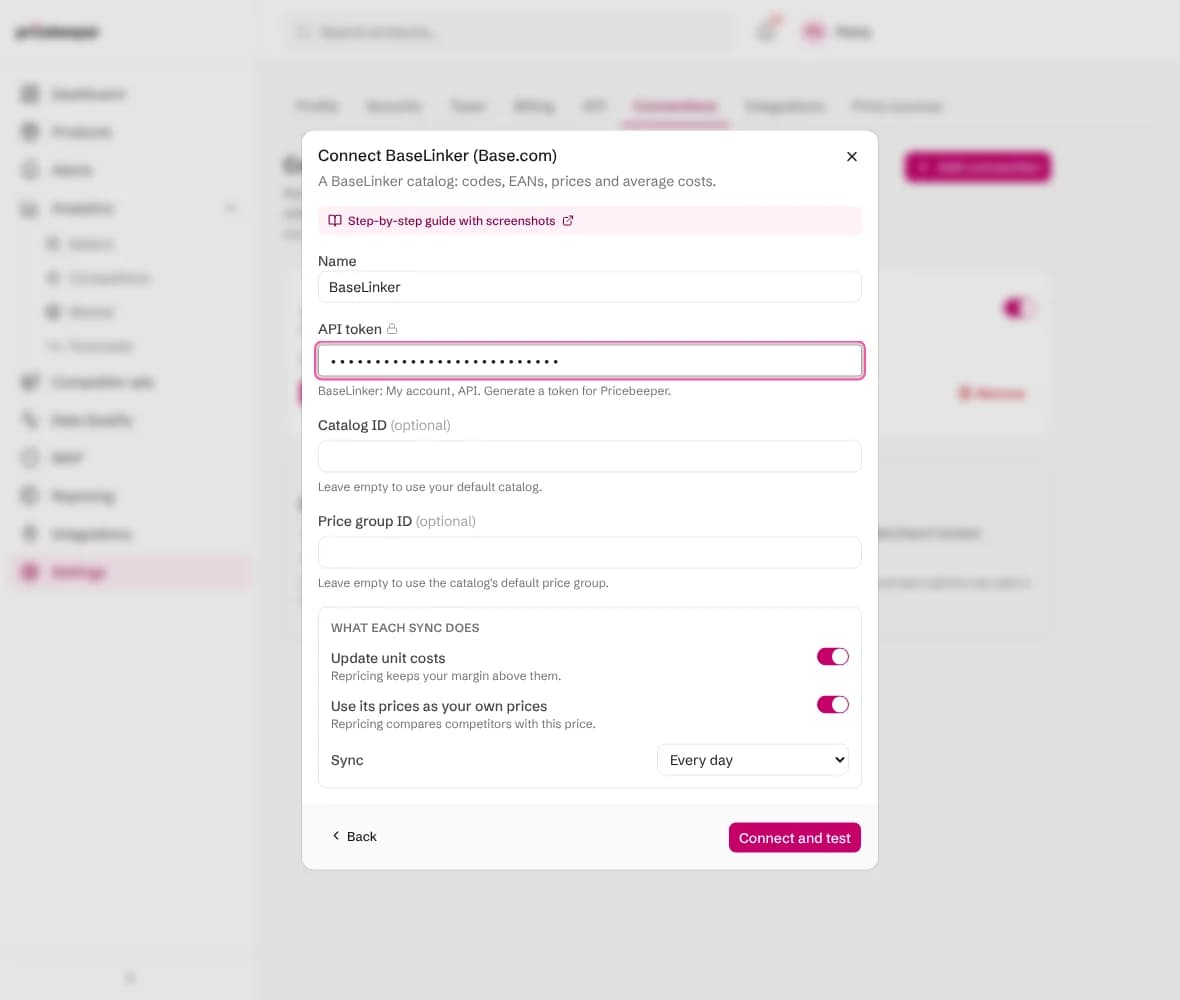 The Connect BaseLinker form with the API token, optional catalog and price group IDs, and what each sync does