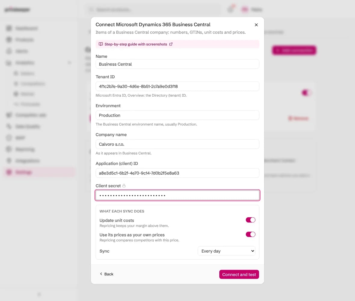 The Connect Business Central form with the tenant ID, environment, company name, application ID and client secret