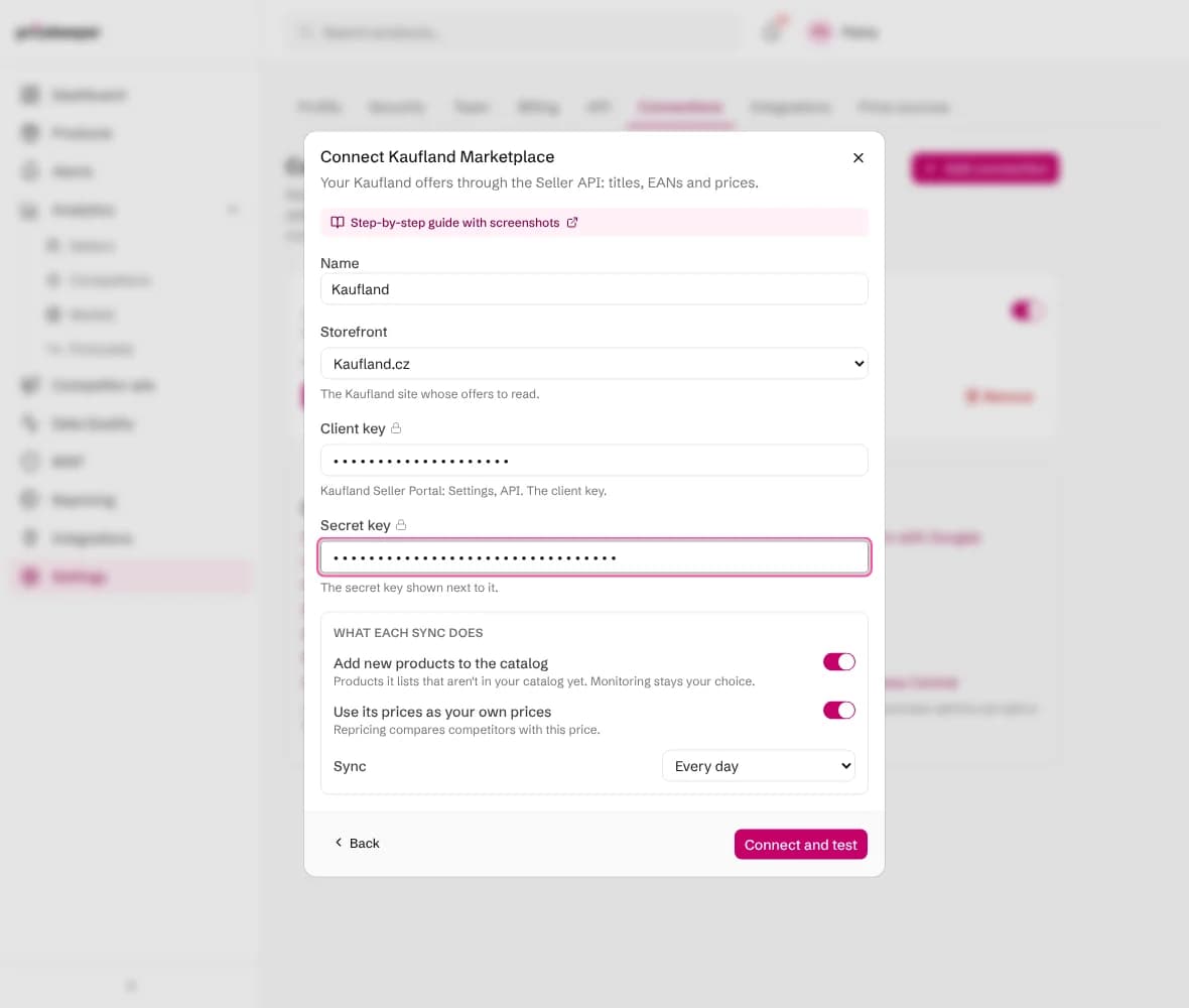 The Connect Kaufland Marketplace form with the storefront, client key, secret key and what each sync does