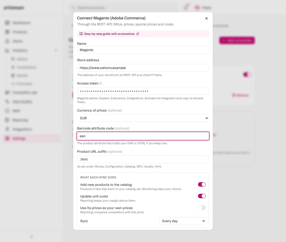 The Connect Magento form with the store address, access token, currency, barcode attribute and what each sync does