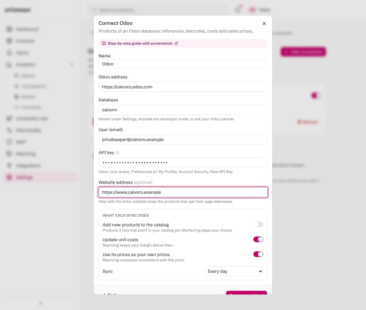 The Connect Odoo form with the Odoo address, database, user, API key and optional website address
