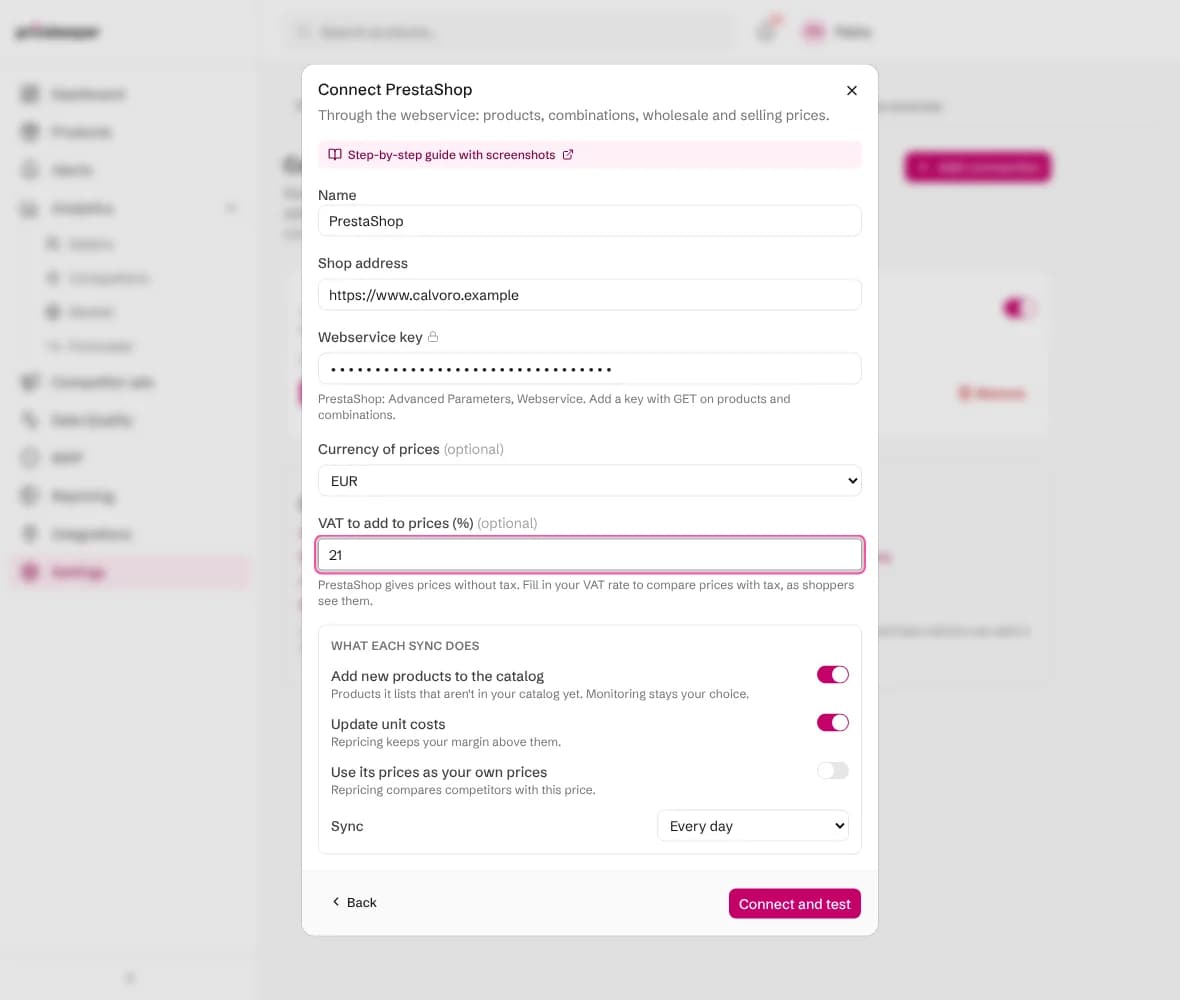 The Connect PrestaShop form with the shop address, webservice key, currency, VAT rate and what each sync does